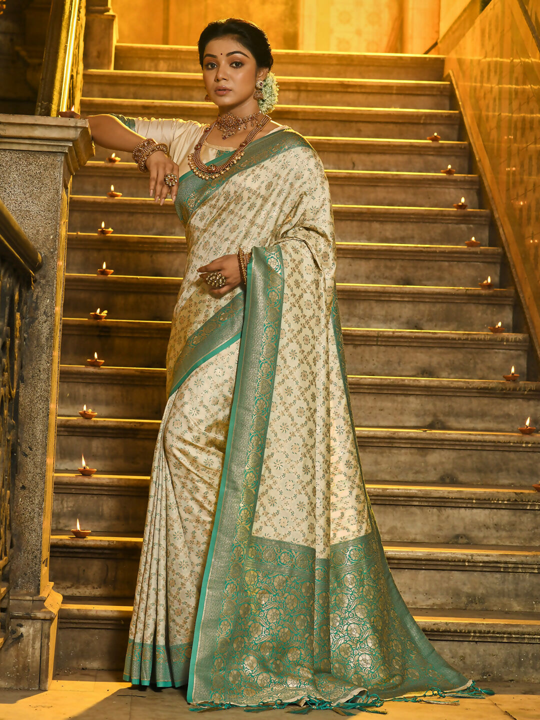 Sea Green Banarasi Silk Saree with Matching Blouse Piece