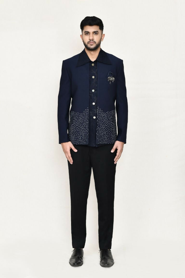 Blue Geometric Pattern Open Prince Coat with Trouser Set