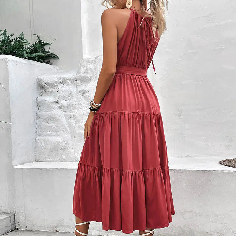 Women's Wine Red Halter Midi Dress with Tiered Ruffle Hem - Image 7