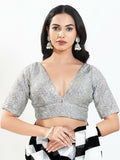 Joban Fashion Silver Silk Padded Blouse With V Neck Elbow Sleeves