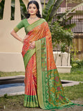 Shree Shyam Fashion orange Pochampalli silk saree with green blouse