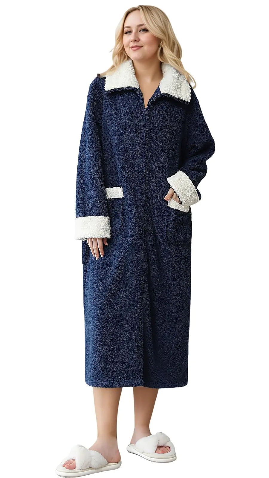 Soojun Womens Full Front Zipper Long Robes with Pockets Fuzzy Bathrobe Navy X-Large