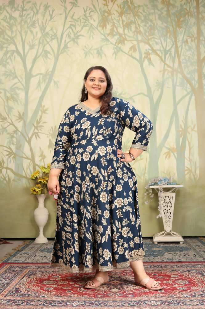 Navy blue rayon Anarkali set with floral print and sequin embellishments