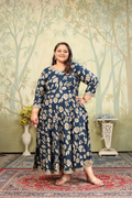 Navy blue rayon Anarkali set with floral print and sequin embellishments