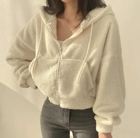 Women's Cozy Sherpa Zip Up Hoodie in Beige and Soft Pink - Image 8