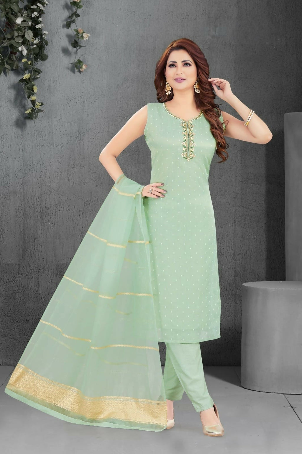 Firozi colored jacquard silk kurta set with matching dupatta for women