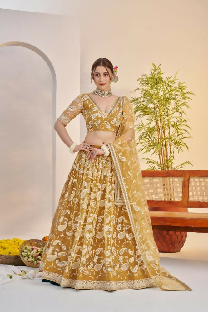 Light Golden Butterfly Net Wedding Lehenga with Cotton Thread Work