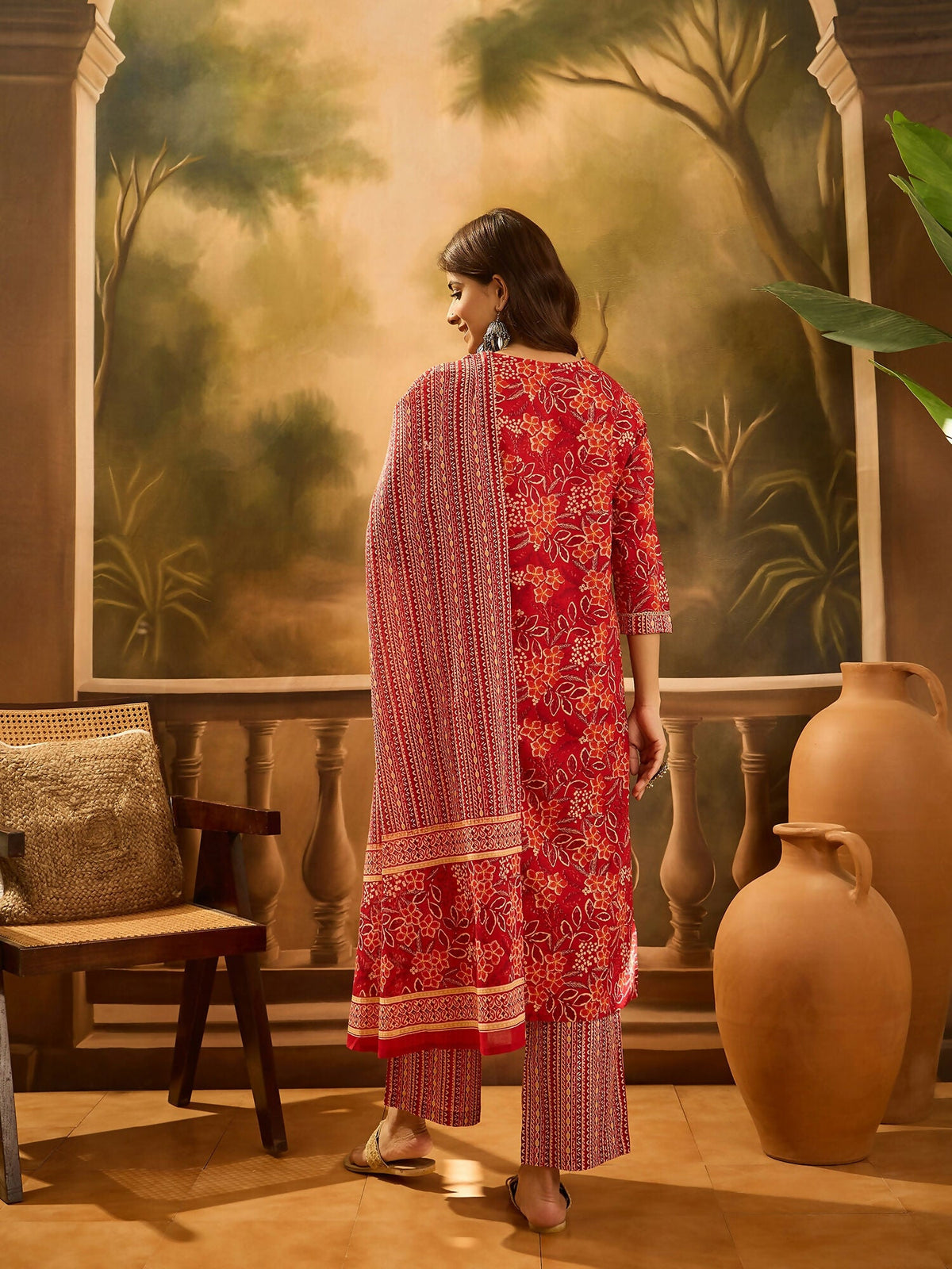 Printed Red Pure Cotton Kurta Set for Women