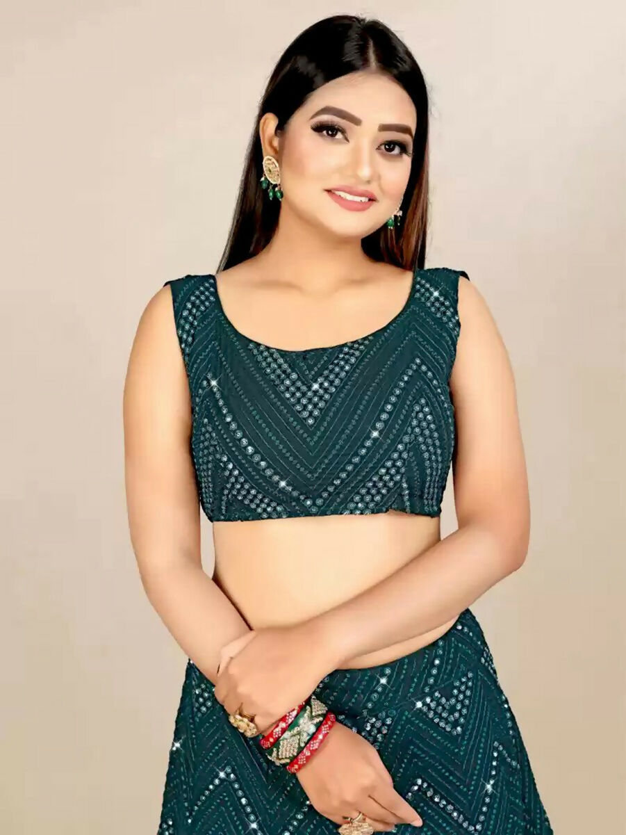 Bottle Green Georgette Lehenga Choli with Sequins and Embroidery