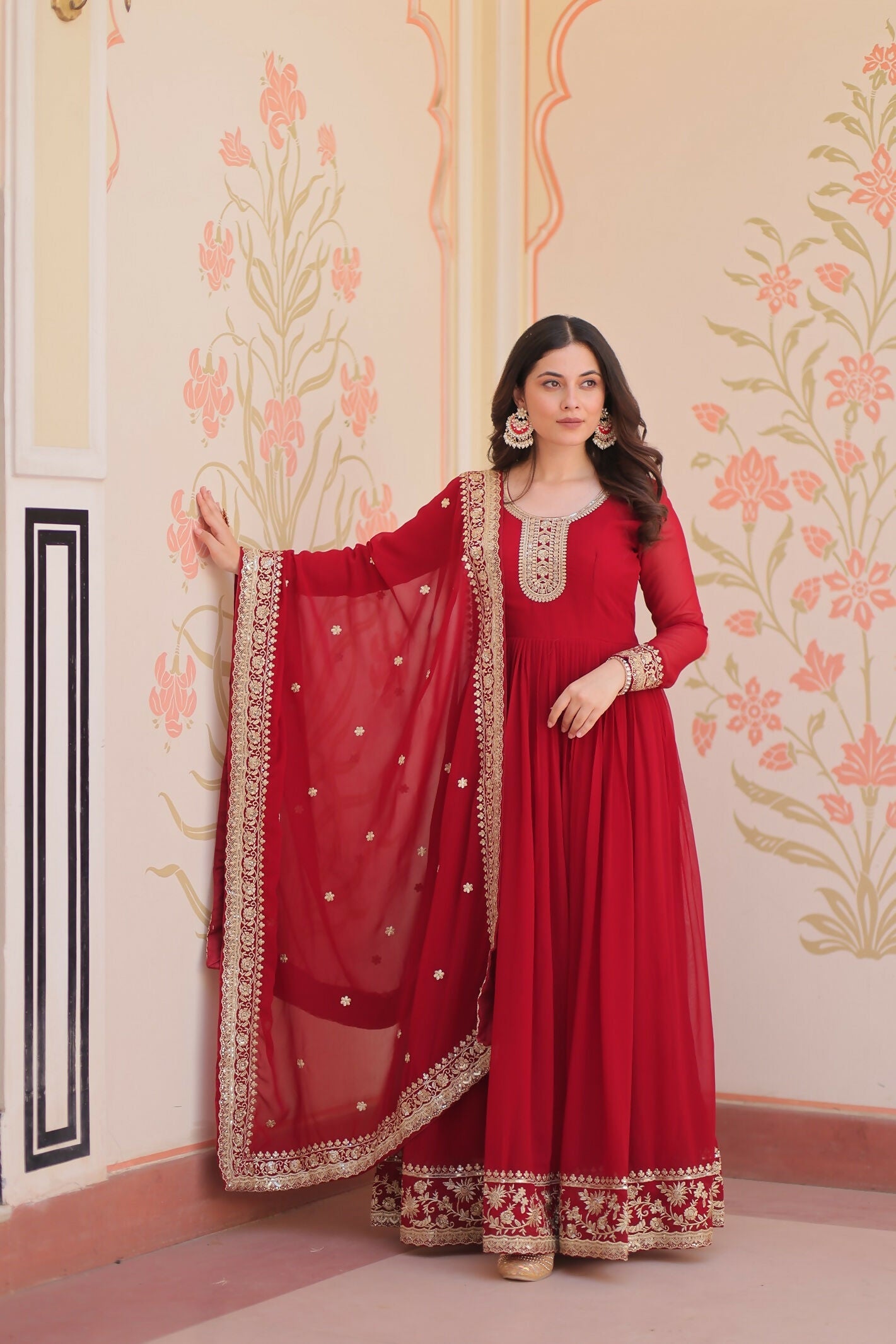 Maroon georgette kurta set with sequence embroidery work and cotton inner