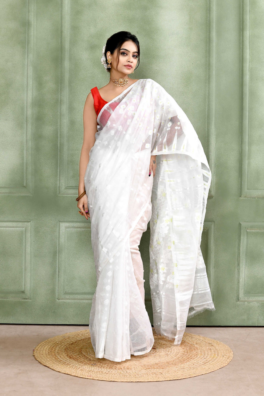 White Embellished Cotton Blend Jamdani Saree