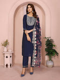 Women wearing a navy blue Roman fabric kurta set with intricate embroidery details