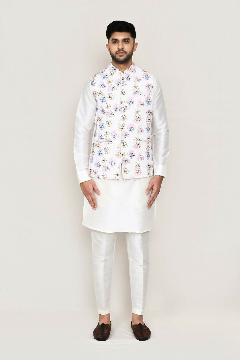 White Art Silk Kurta with Matching Jacket and Straight Fit Pant