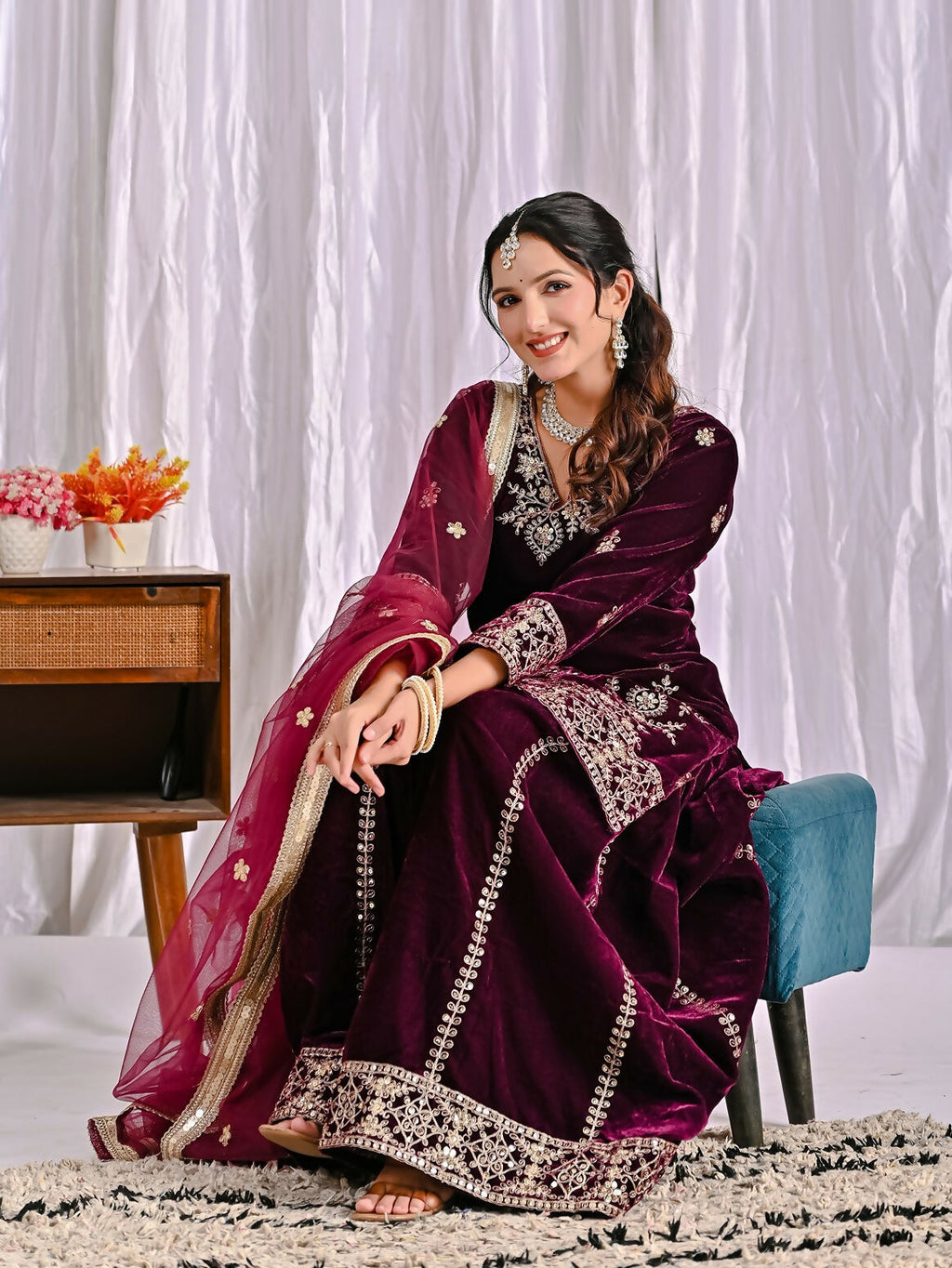 Wine Velvet Kurta Set with Intricate Sequence Embroidery