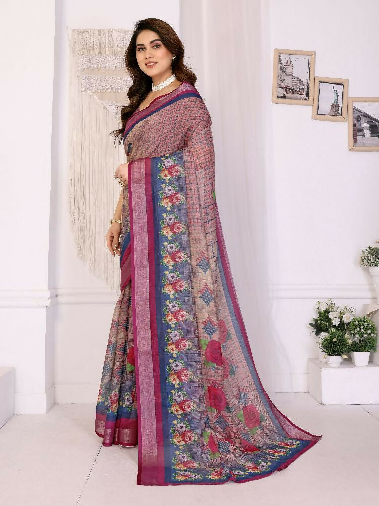 Purple Handloom Linen Cotton Zari Saree with Matching Blouse