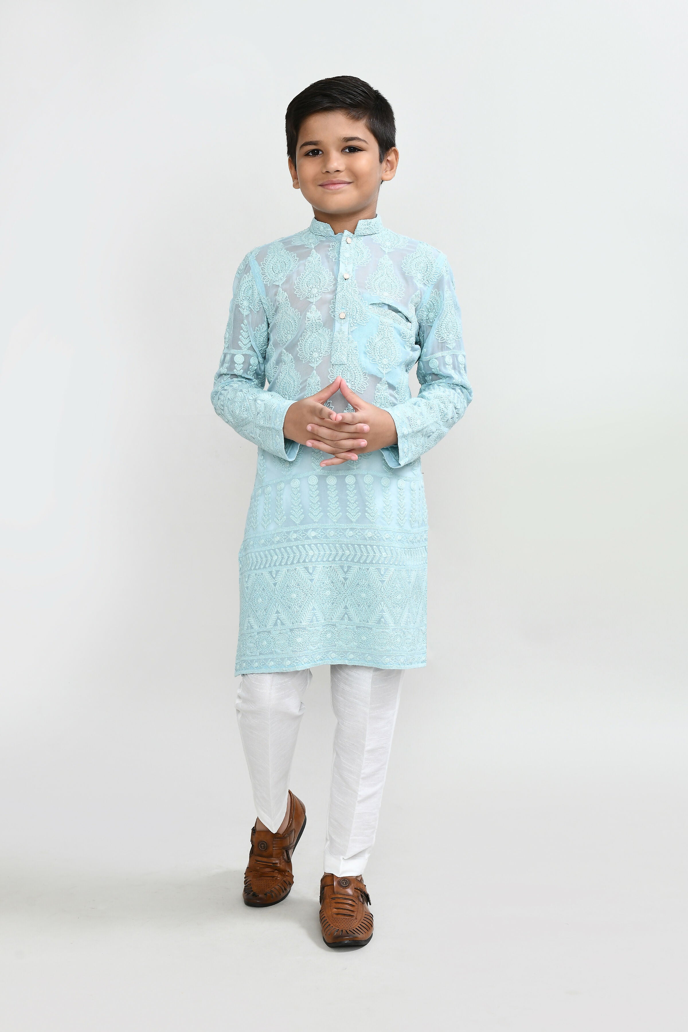 Georgette Aqua Green Kurta Set with Straight Fit Pant