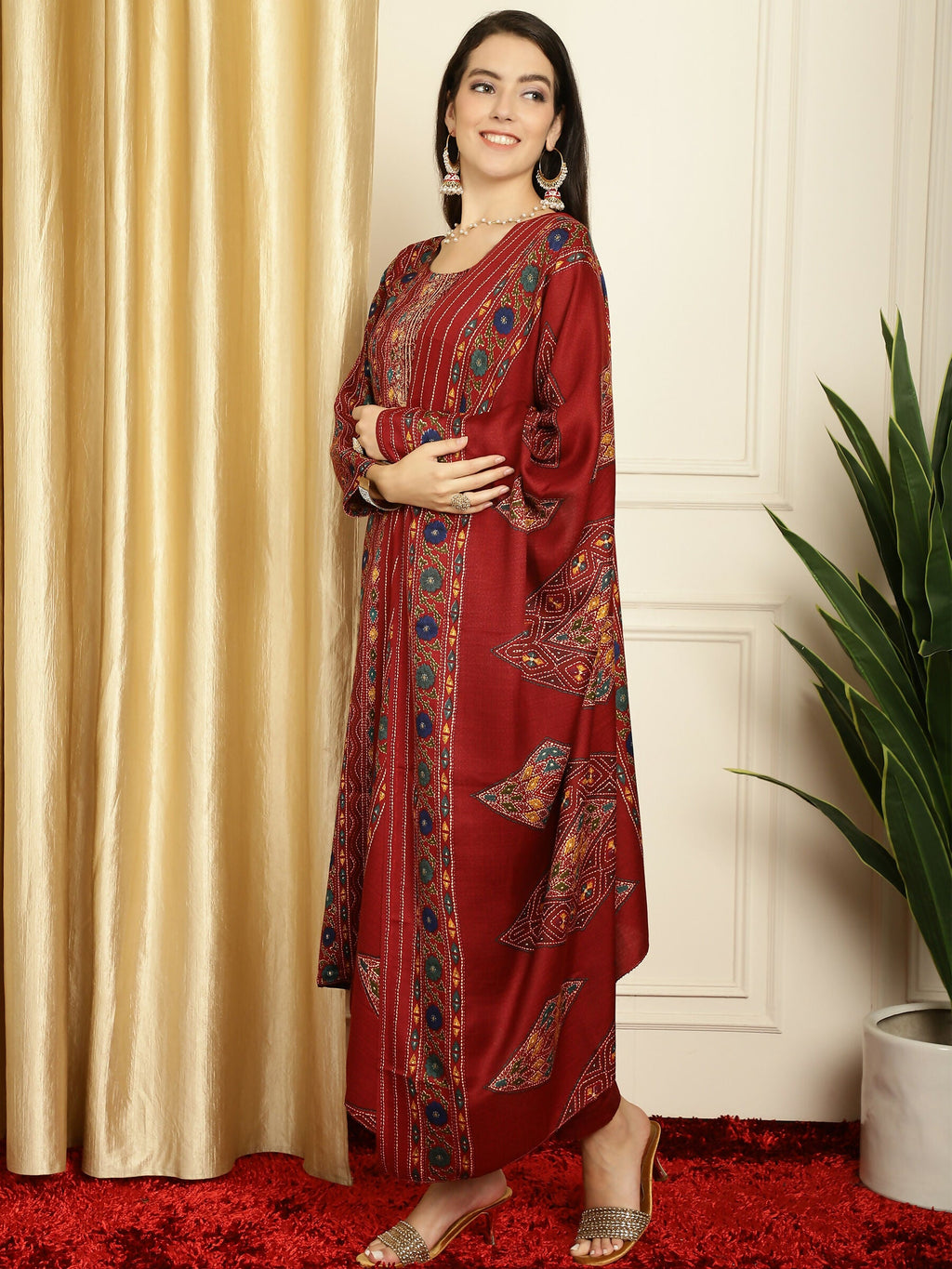 Jyoti Fashion Women's Maroon Pashmina Floral Digital Printed Kurta with Trouser & Dupatta