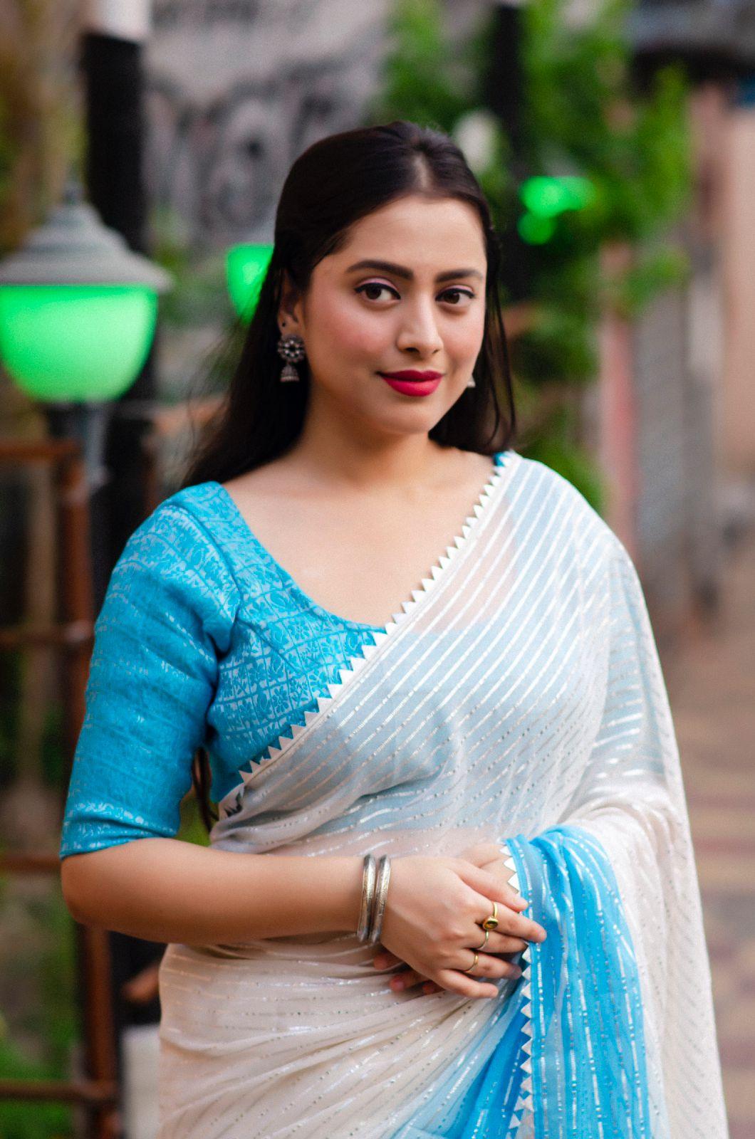 Blue Poly Chiffon Striped Saree with Tie & Dye Blouse
