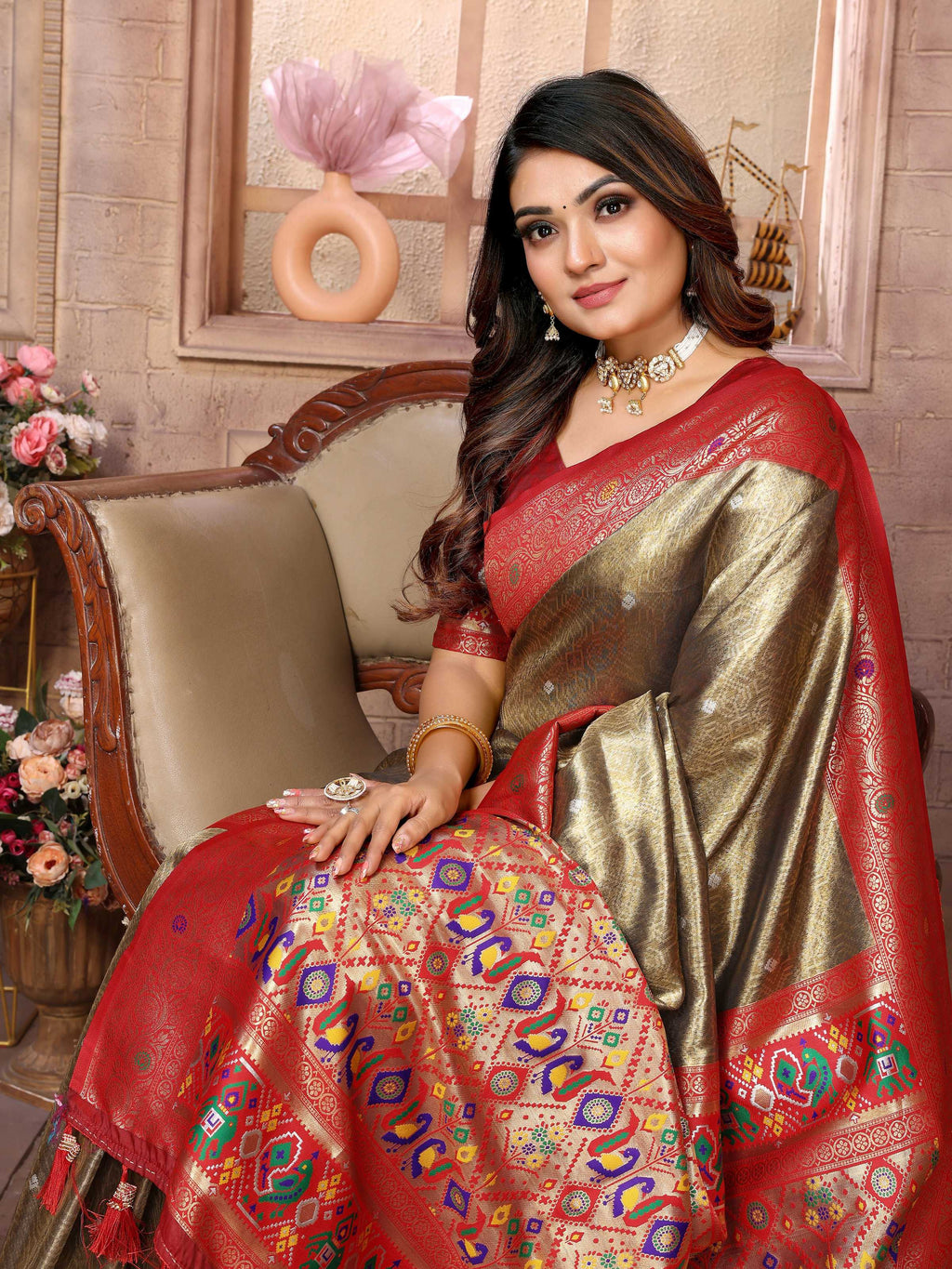 Brown Banarasi Tissue Silk Saree with Elegant Weaving Details
