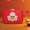 Red clutch with traditional Durga face print for festive occasions