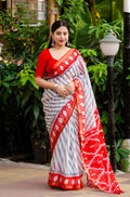 Grey polycotton ethnic saree with ikkat print and zari pattu border