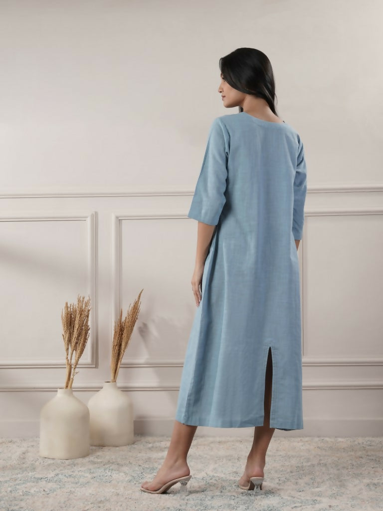 Women's Smoke Blue V-Neck Dress with Cap Sleeves