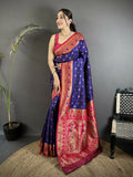 Royal Blue Soft Silk Banarasi Saree featuring intricate motifs and a burgundy blouse