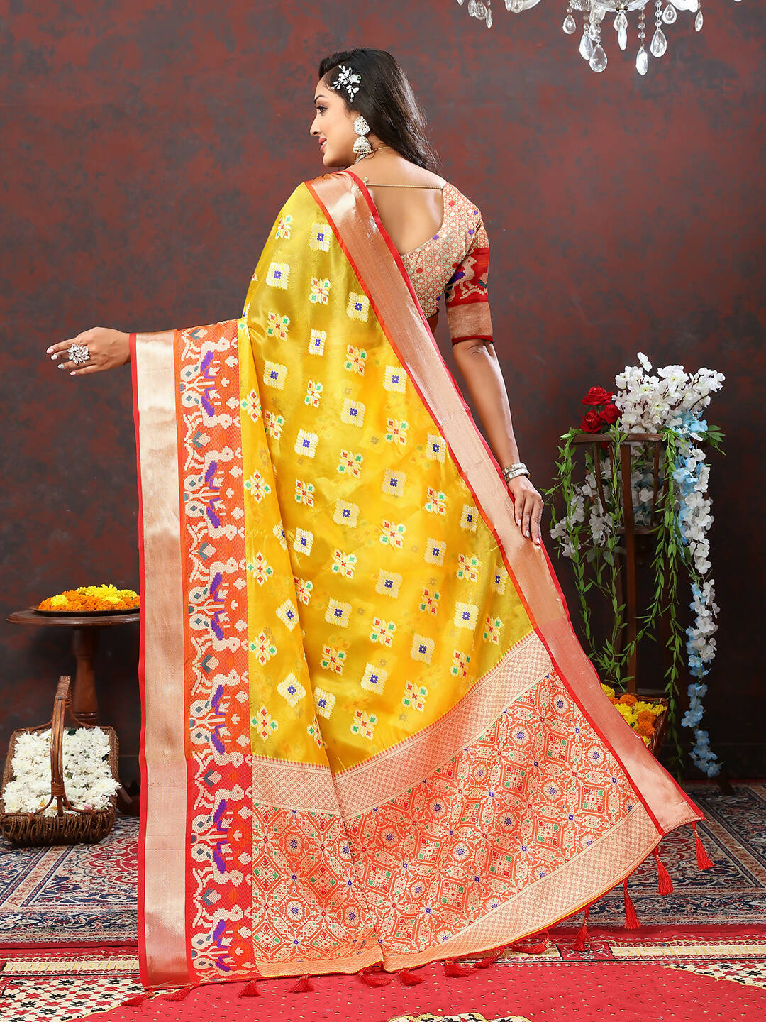 Yellow Organza Silk Saree with Zari Meenakari Weaving