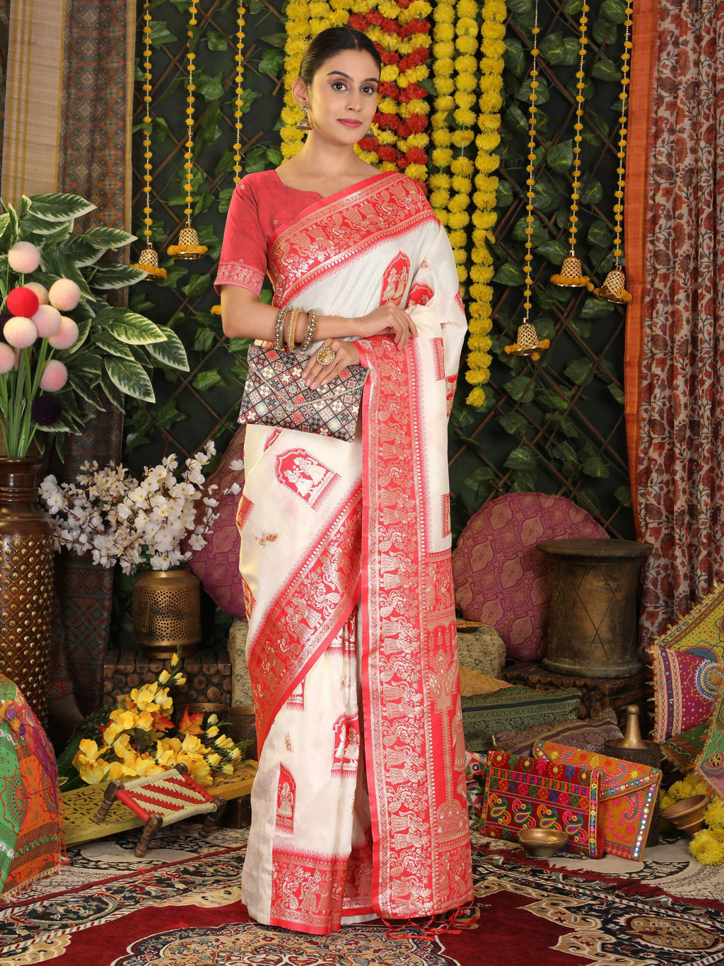 Elegant White Silk Saree with Contrast Red Blouse for Parties