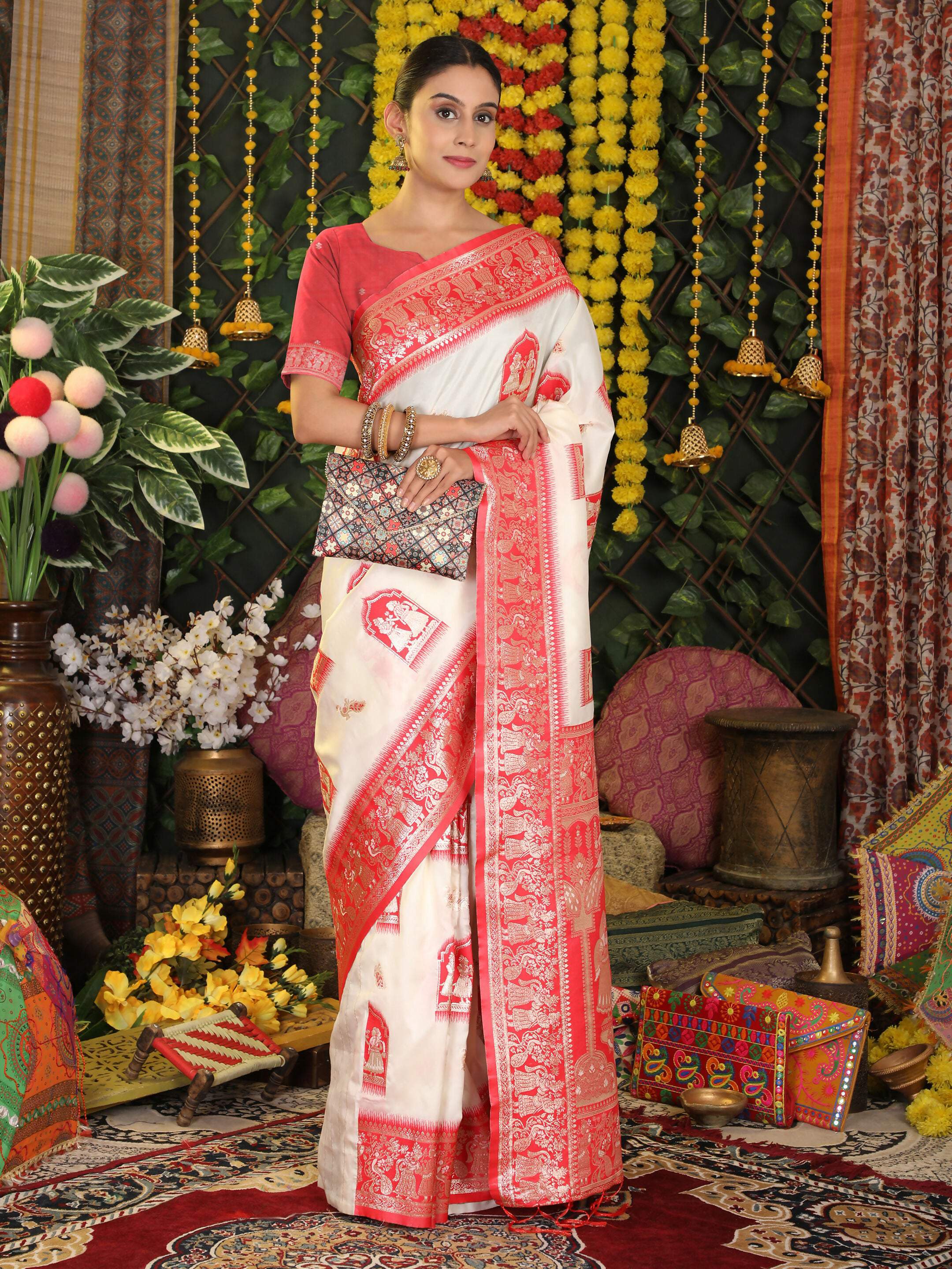 Elegant White Silk Saree with Contrast Red Blouse for Parties