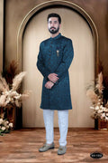Boys blue satin ethnic kurta paired with matching pyjama trousers for festive occasions
