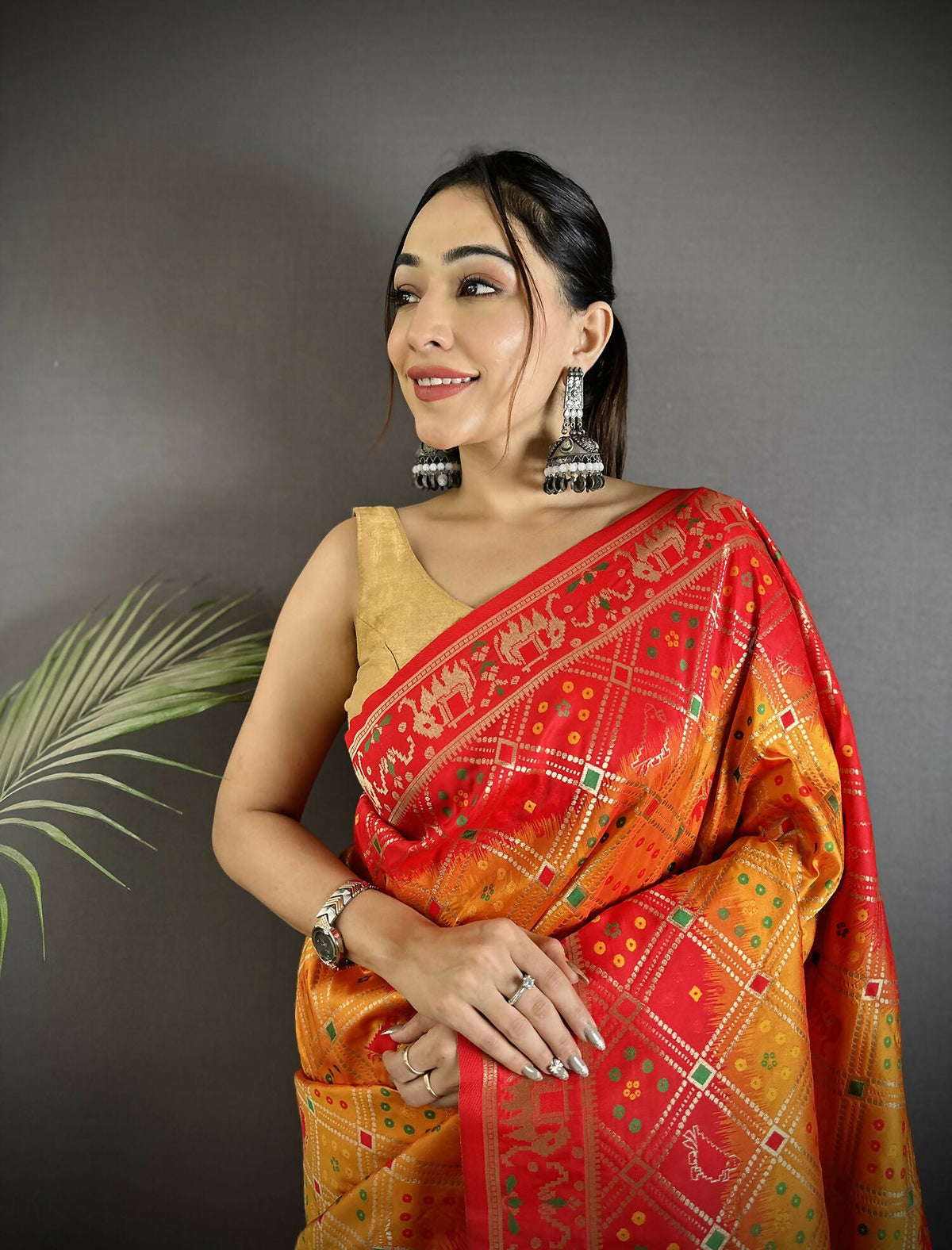 Yellow and Red Geometric Pattern Soft Silk Patola Saree