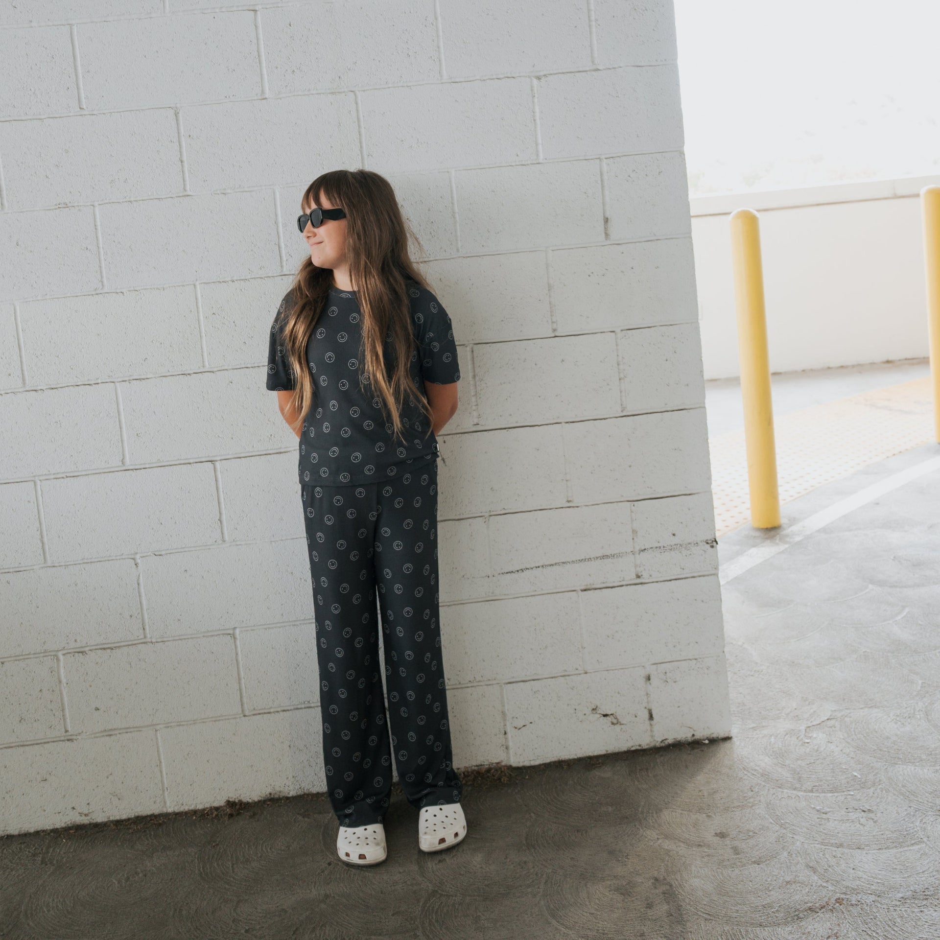 Kids Smiley Ribbed Boxy Tee Lounge Set in Charcoal and White