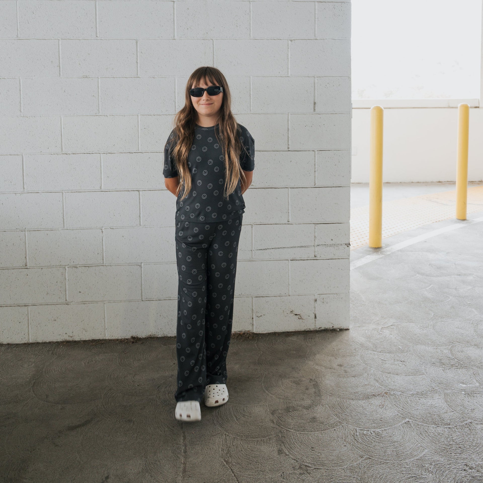 Kids Smiley Ribbed Boxy Tee Lounge Set in Charcoal and White