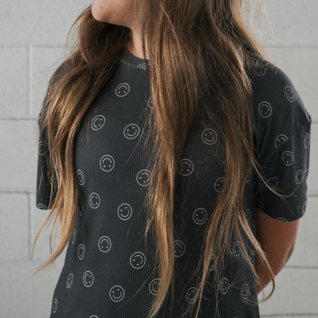 Kids Smiley Ribbed Boxy Tee Lounge Set in Charcoal and White