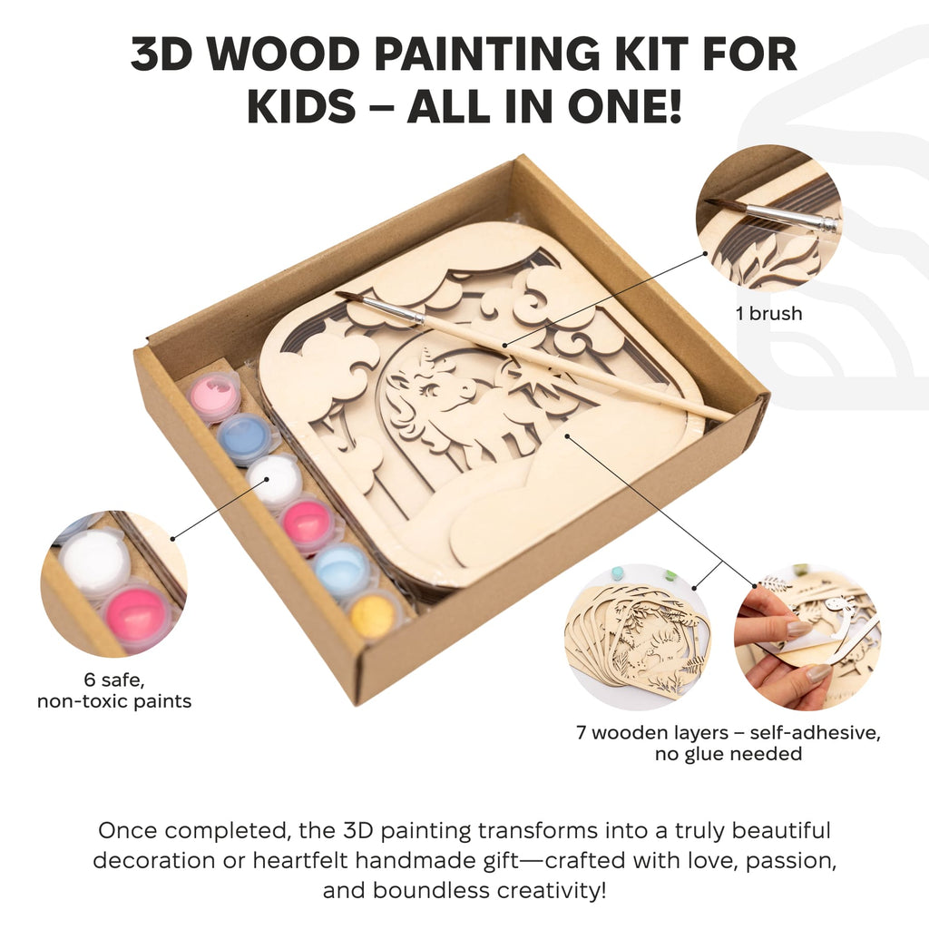 3D DIY Wood Painting Kit for Kids - Unicorn Educational Craft Set