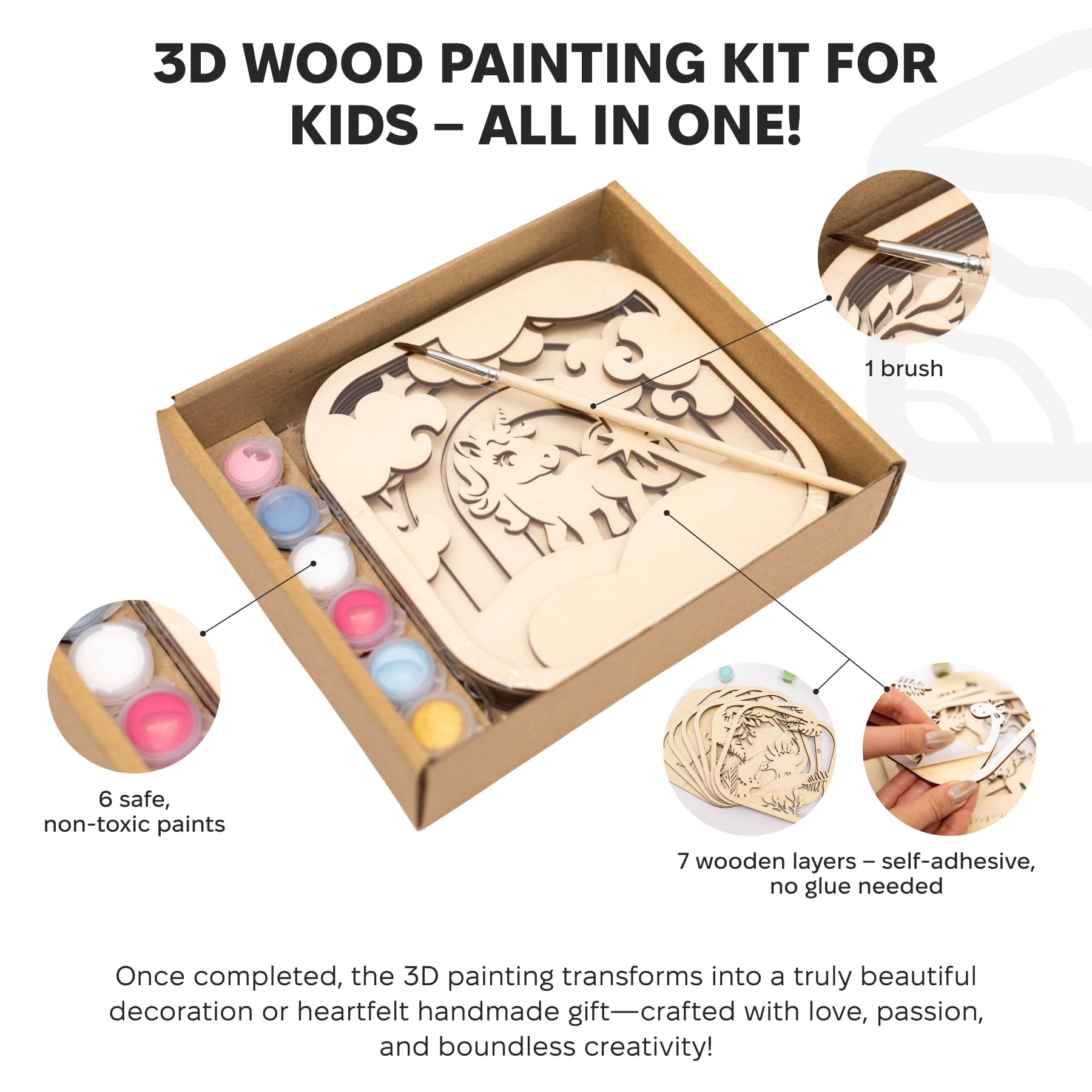 3D DIY Wood Painting Kit for Kids - Unicorn Educational Craft Set