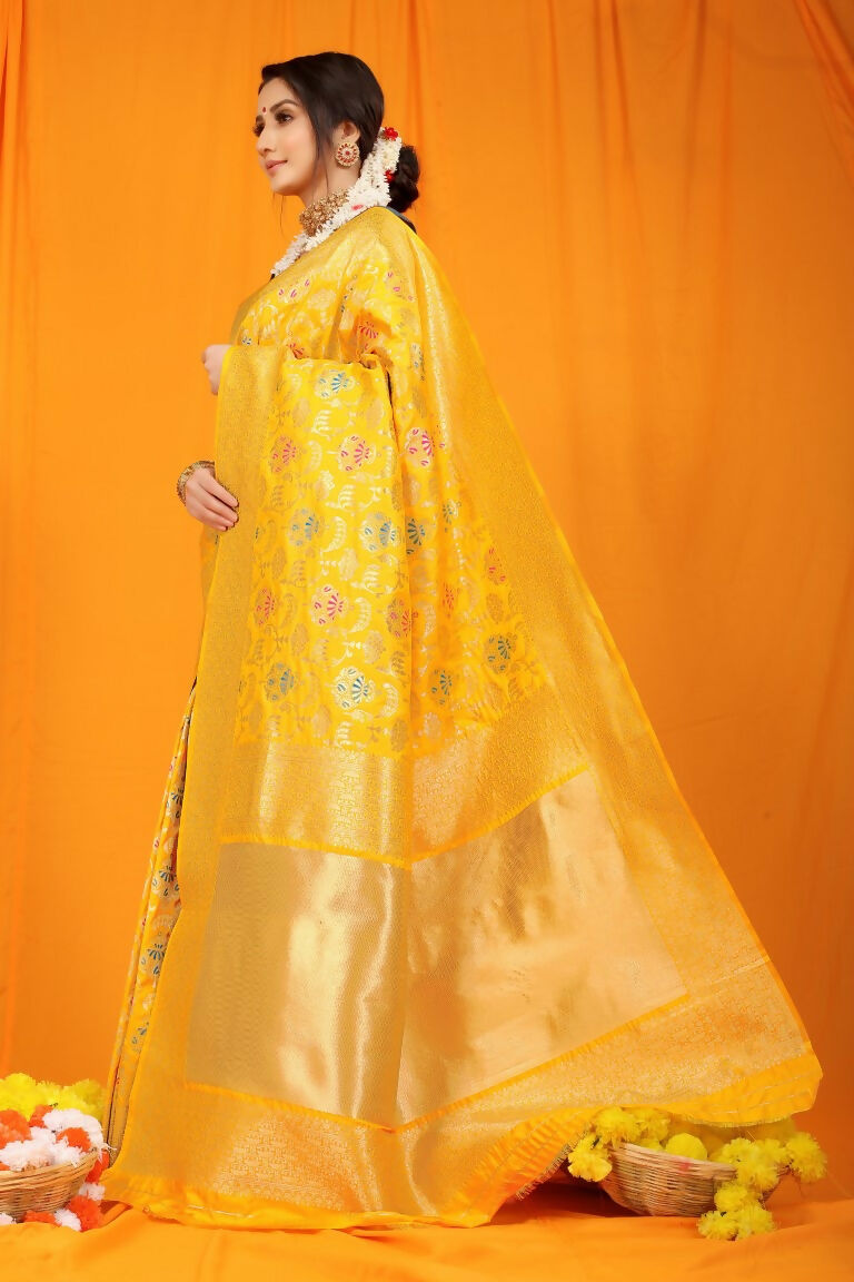 Yellow Kanjivaram Silk Zari Woven Saree for Festive Occasions