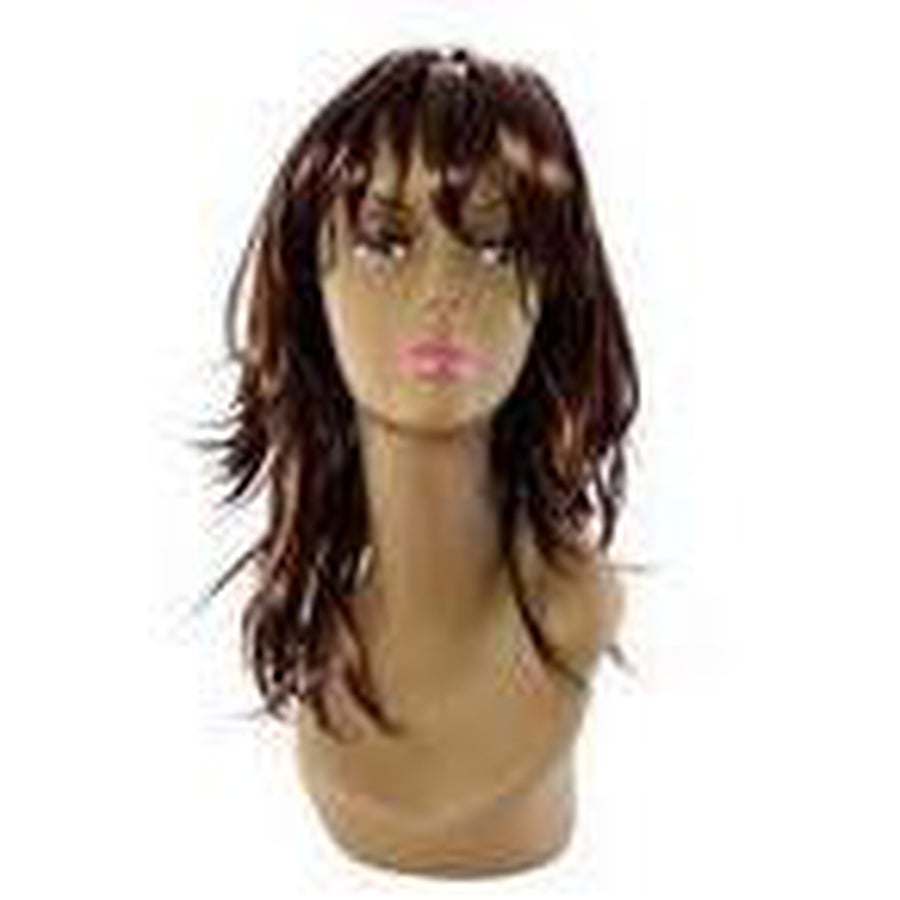 A bulk collection of modern wigs featuring multi-tonal brown and auburn highlights on display.