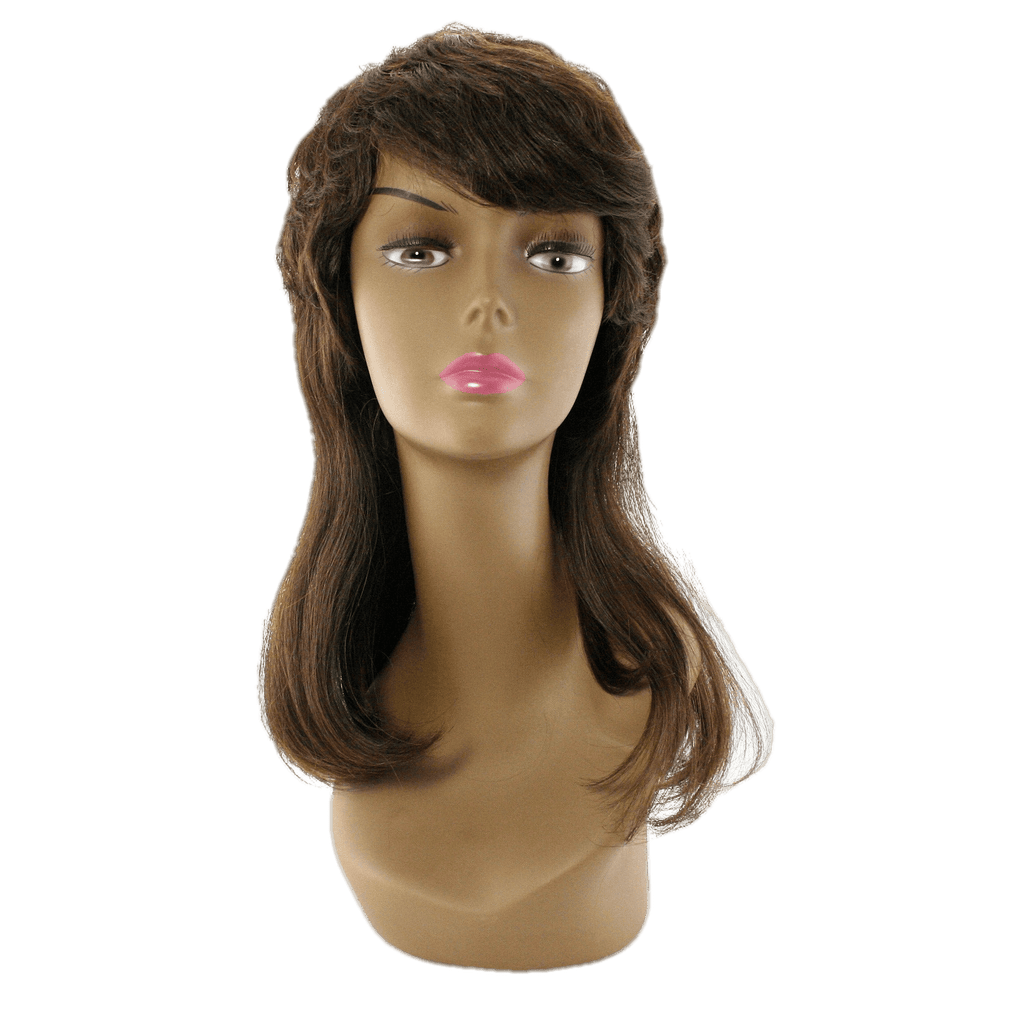 A 100% human hair wig featuring multi-tonal brown and black hair with red highlights.
