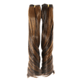 Multi-tonal brown and caramel highlight clip-in hair extensions with a glamorous aesthetic