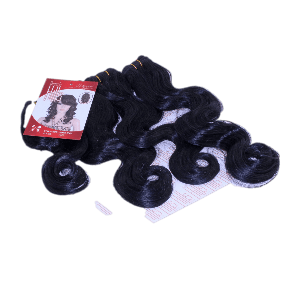 Collection of hair extensions in black, brown, red, and blonde-highlighted styles