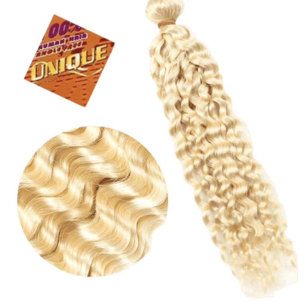 A variety of 100% human hair bundles in deep wave textures and blonde to brown multi-tonal colors.