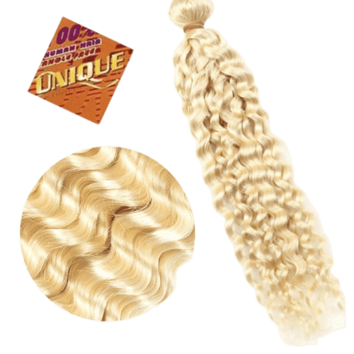 A variety of 100% human hair bundles in deep wave textures and blonde to brown multi-tonal colors.