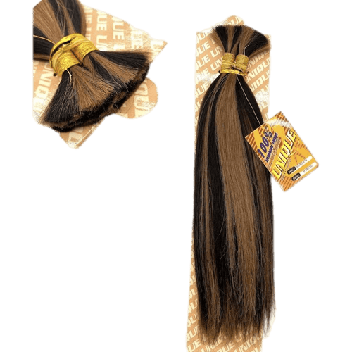 Collection of 100% human hair bulk extensions in various colors including black, brown, burgundy, and blonde.