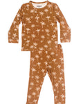 Children's pajama set with palm tree pattern on a white background