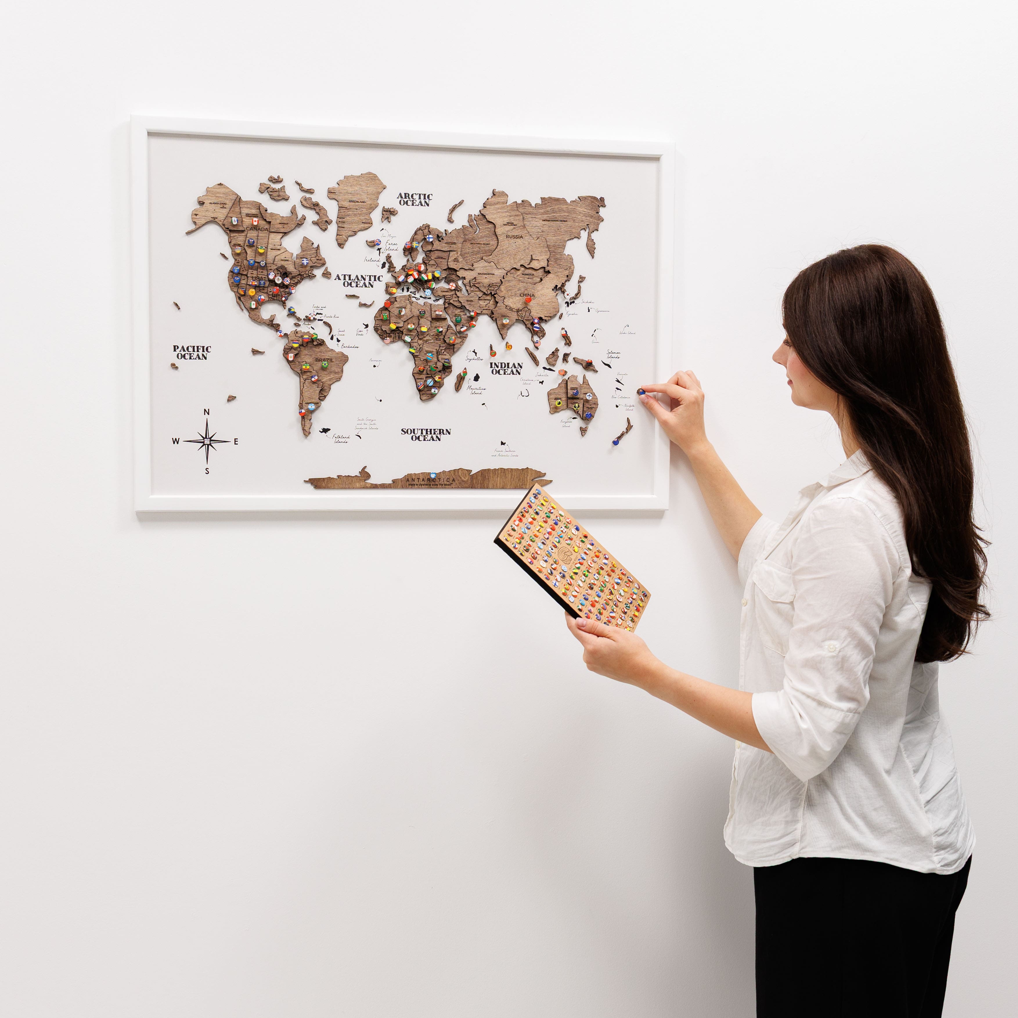 3D Wooden Panel World Map in Dark Walnut Finish