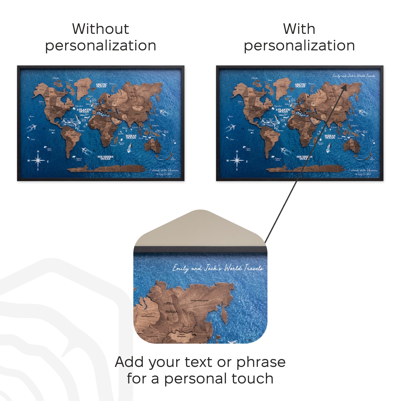3D Wooden Panel World Map in Dark Walnut Finish