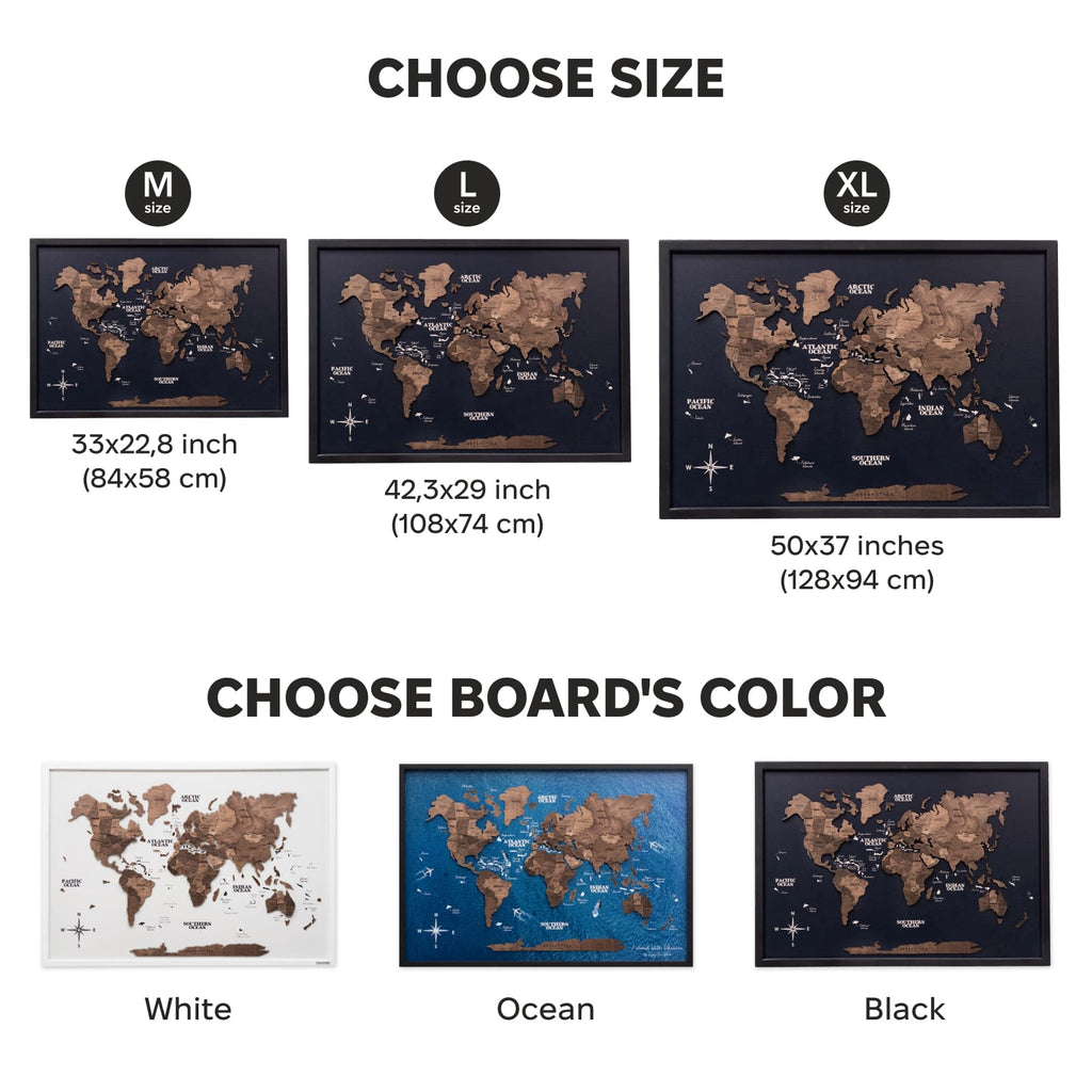 3D Wooden Panel World Map in Dark Walnut Finish