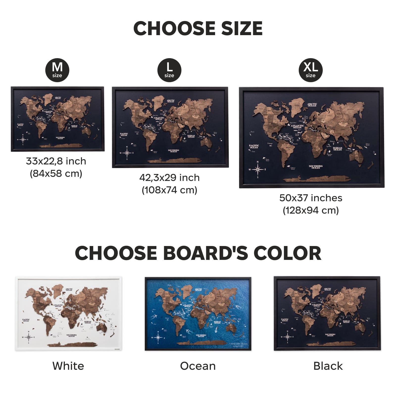 3D Wooden Panel World Map in Dark Walnut Finish